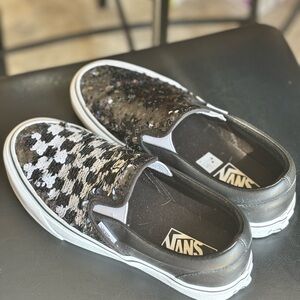 Vans Black and White Houndstooth Slip-On Sneakers